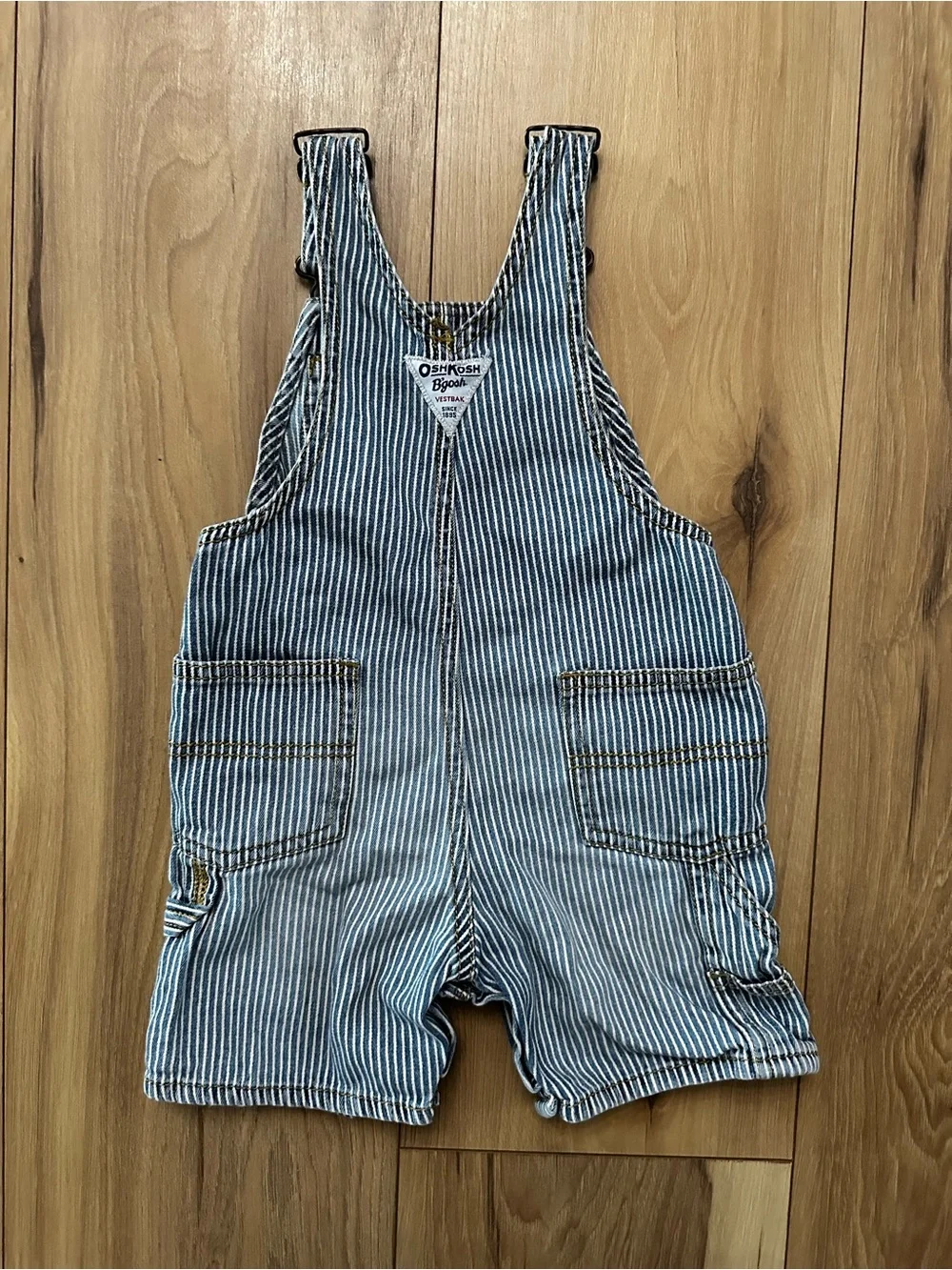 OshKosh B'gosh Blue and White Stripe Short Overalls Railroad